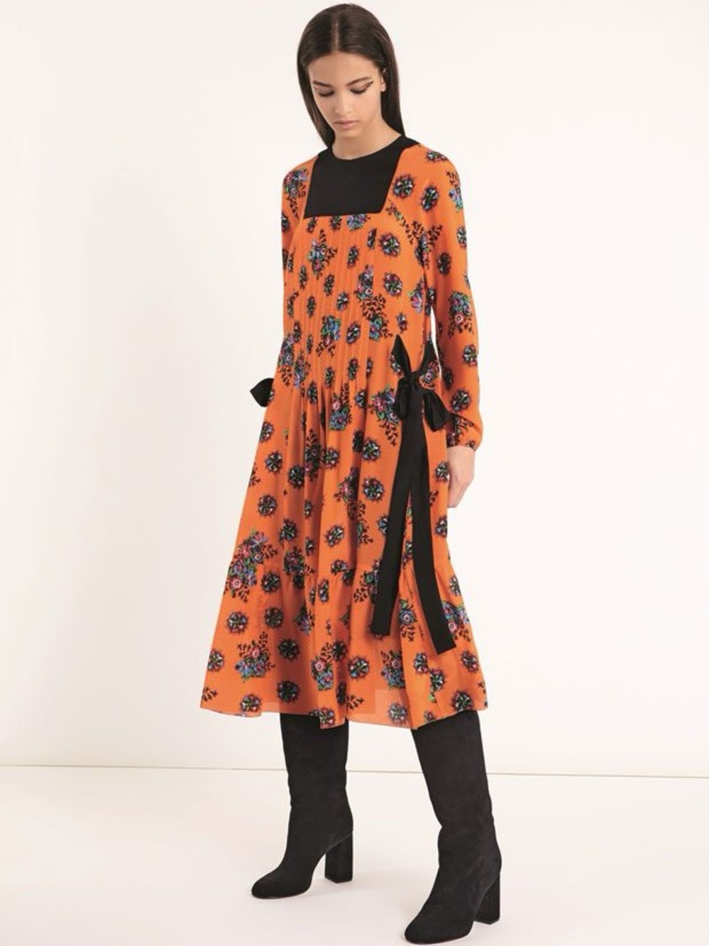 RED Valentino Orange Floral Long-Sleeve Midi Dress with Black Yoke and Ties